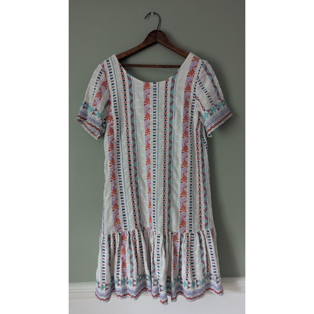 Duet Anthropologie Multicolor Striped Dress XS Womens Short Sleeve Ruffle Hem